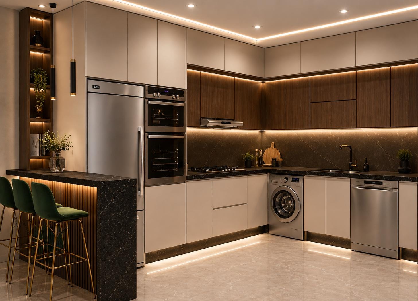 Cuisine beige & noyer avec bar