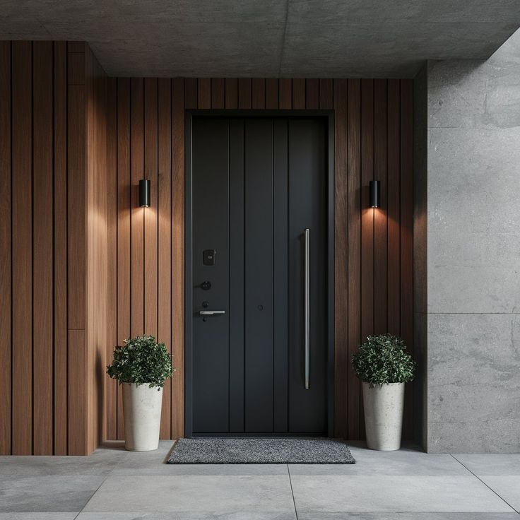 Entrée avec porte noire & habillage tasseaux