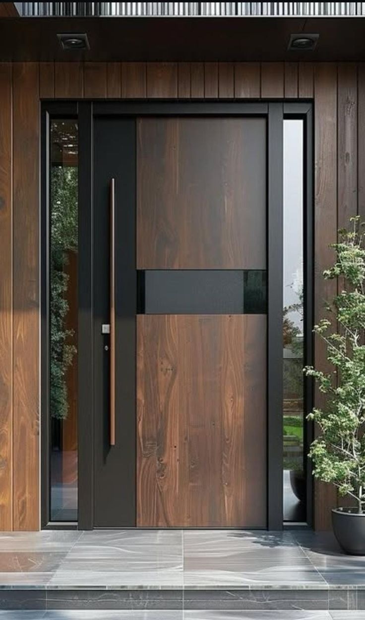 Porte noyer à vitrages latéraux