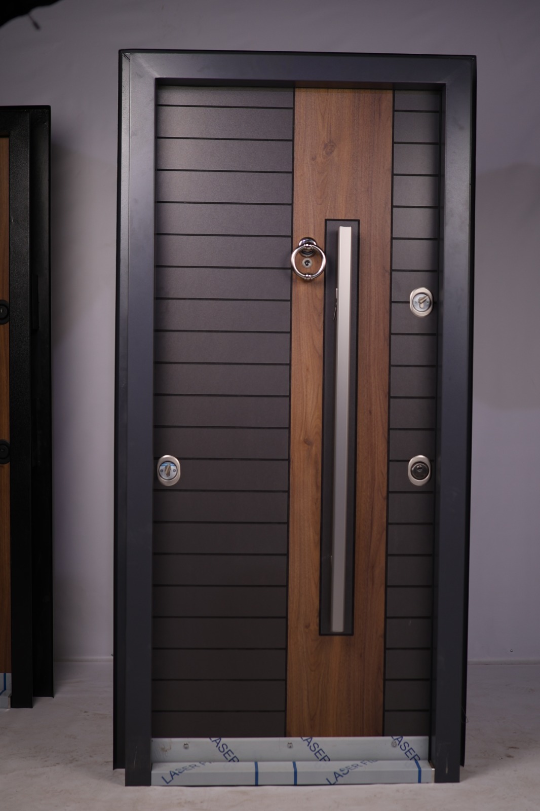 Porte blindée gris & noyer